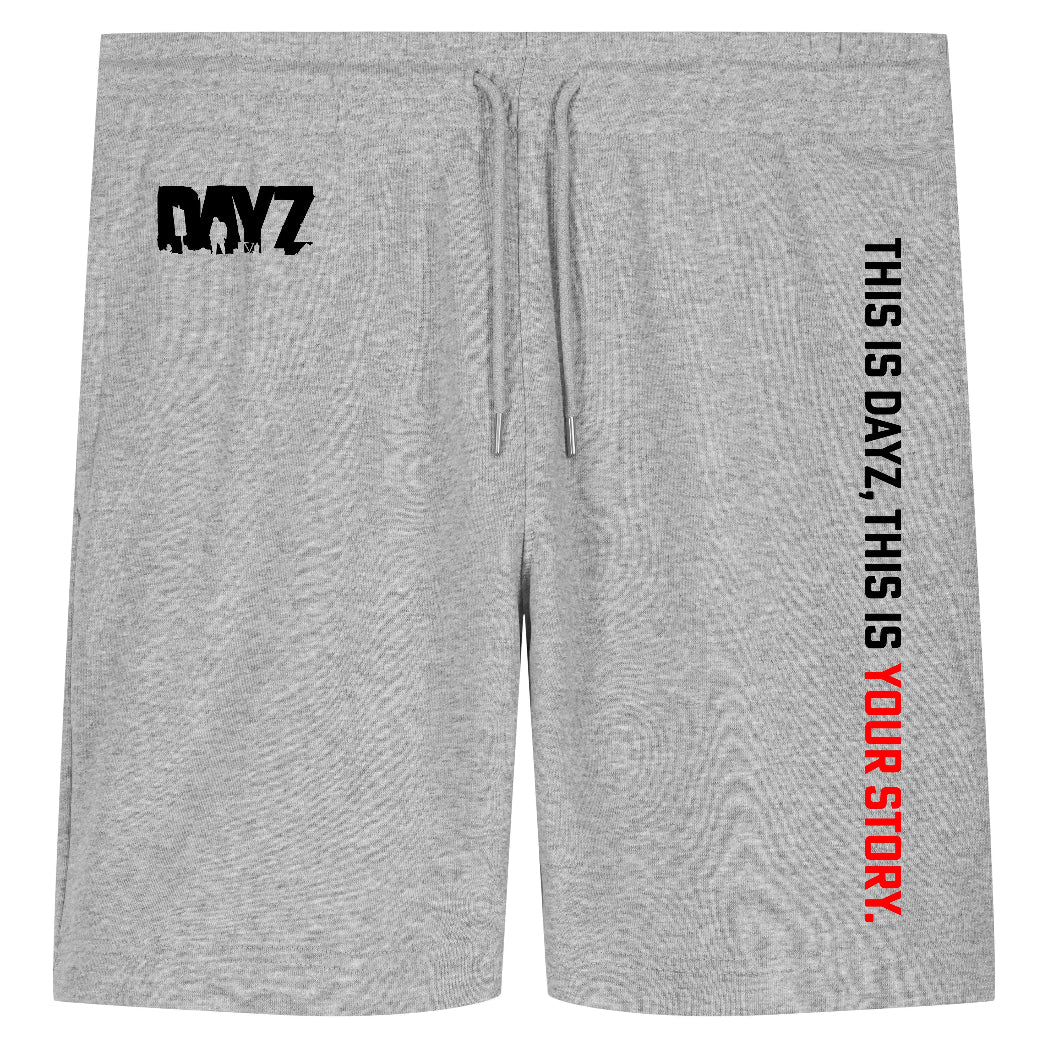 Heather gray athletic shorts with a black 'DAYZ' logo on the left thigh and vertical black and red text on the right leg, shown on a plain white background.